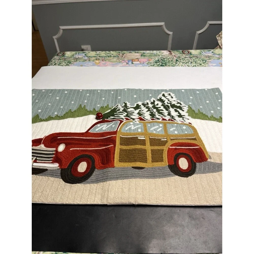 Pottery Barn Christmas Woody Car Crewel Embroidered Lumbar Pillow Cover